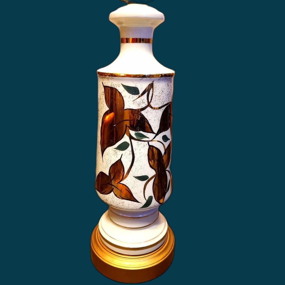 1960's White Ceramic Gold Speckled Hand-Painted Copper Leaf Vintage Table Lamp